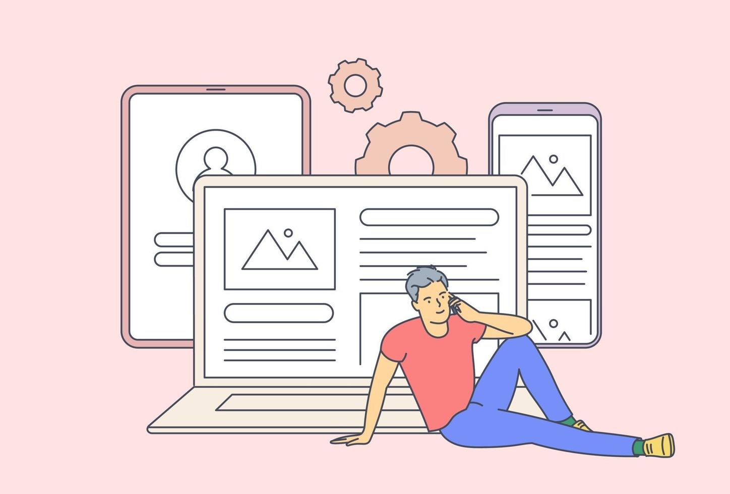 Technologies, addiction to internet, relaxing concept. Young man boy using multiple devices. vector