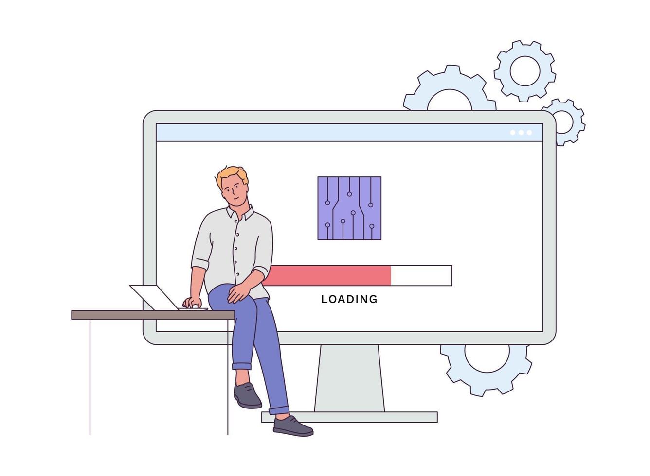 Device firmware and software concept. Young man trying to update the device. Man firmware device engineering. Modern line style illustration vector