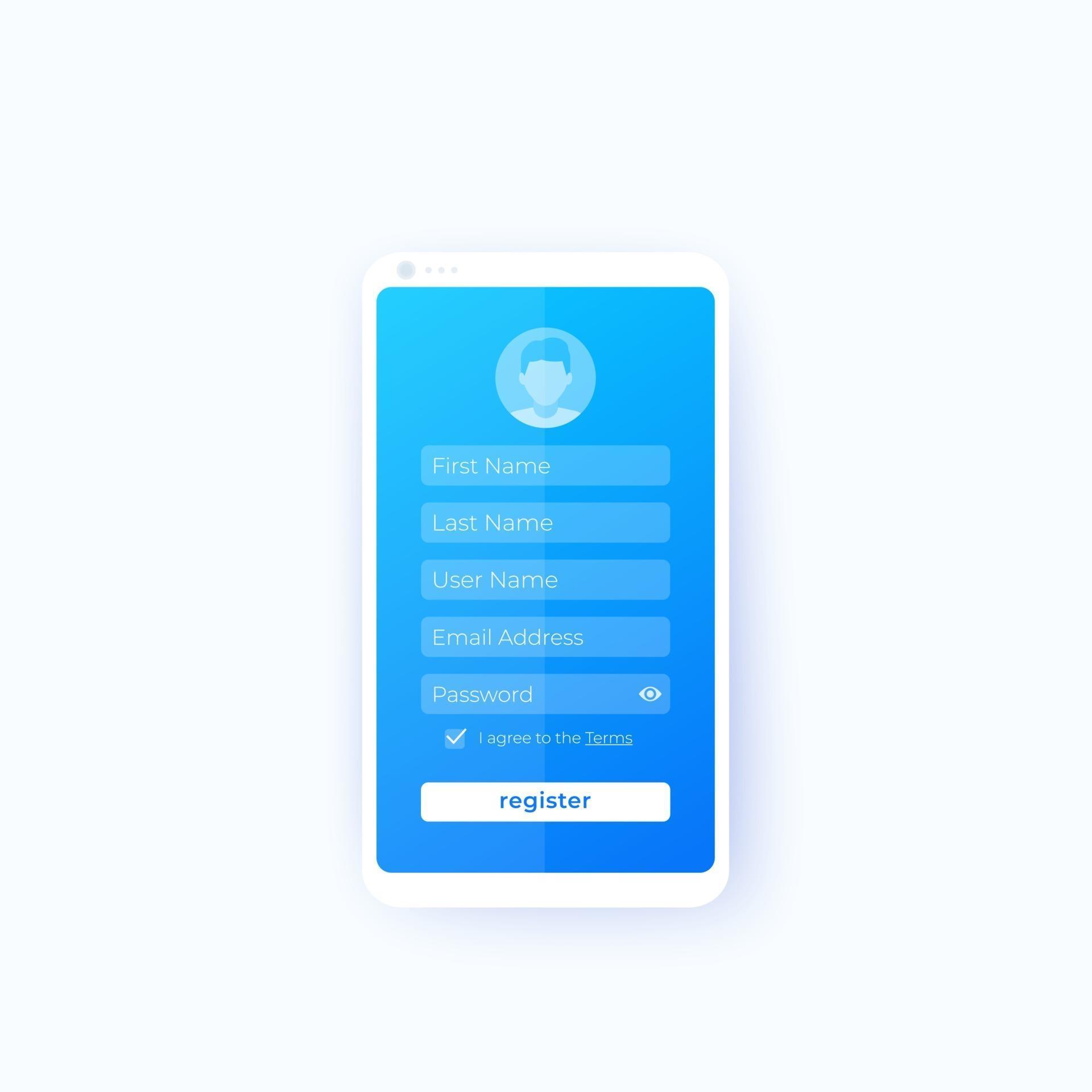 Register, mobile app ui design, vector 2327033 Vector Art at Vecteezy