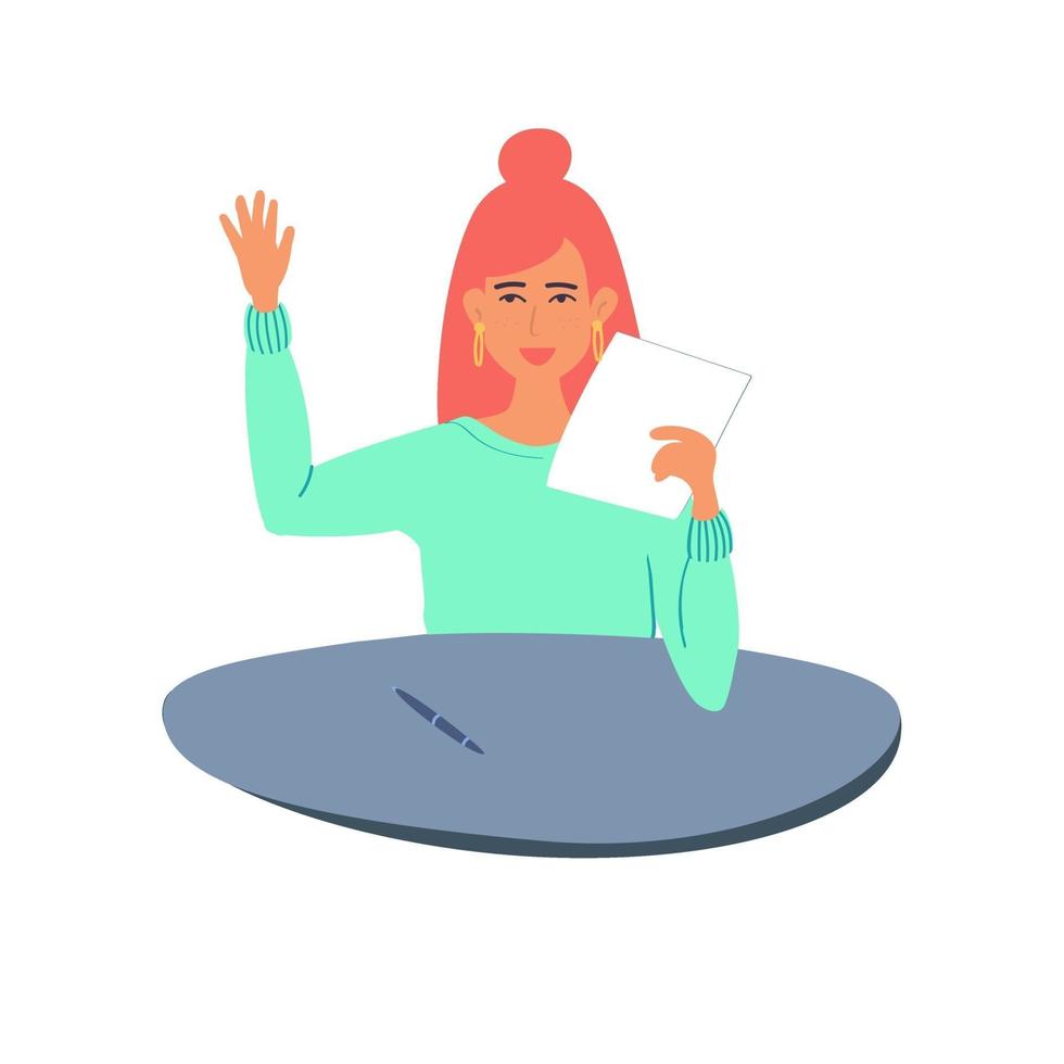 A smiling female student holds a paper with a successful test.A happy, confident student answers the exam. A student sitting at a table in the exam.Vector illustration in flat style vector