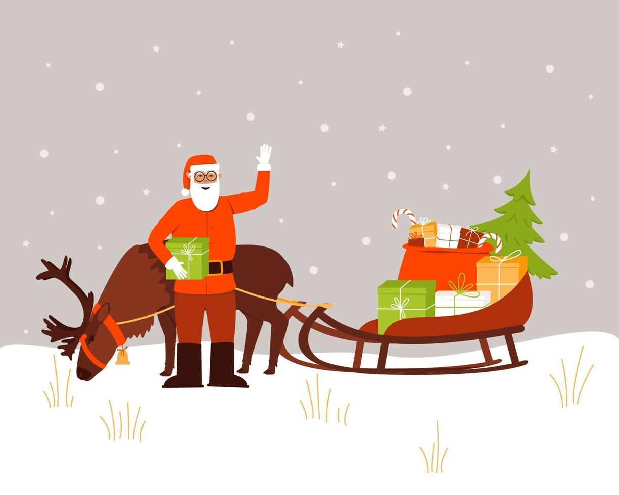 Santa Claus is standing next to a reindeer and a sleigh with gifts vector