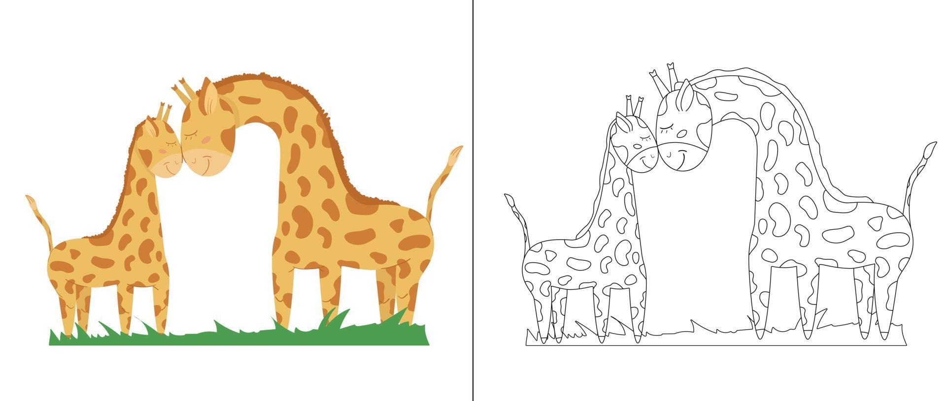 Outline illustration of a mother giraffe and a baby giraffe for coloring on the right side and such an illustration in color on the left side. Children's illustration for coloring. vector