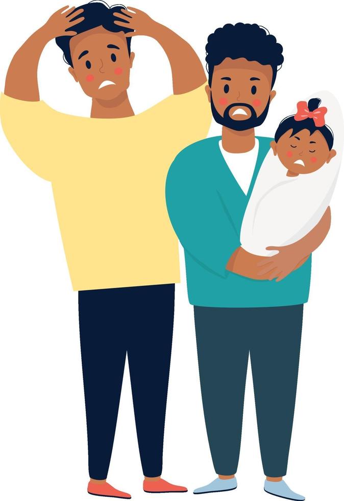 Ethnic male couple with a baby. Two sad and frightened men are holding a crying newborn. Vector. LGBT family with newborn daughter, stressful situation. Family life and emotions concept vector