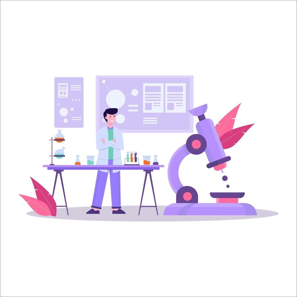 Flat vector illustration of a scientist conducting a research