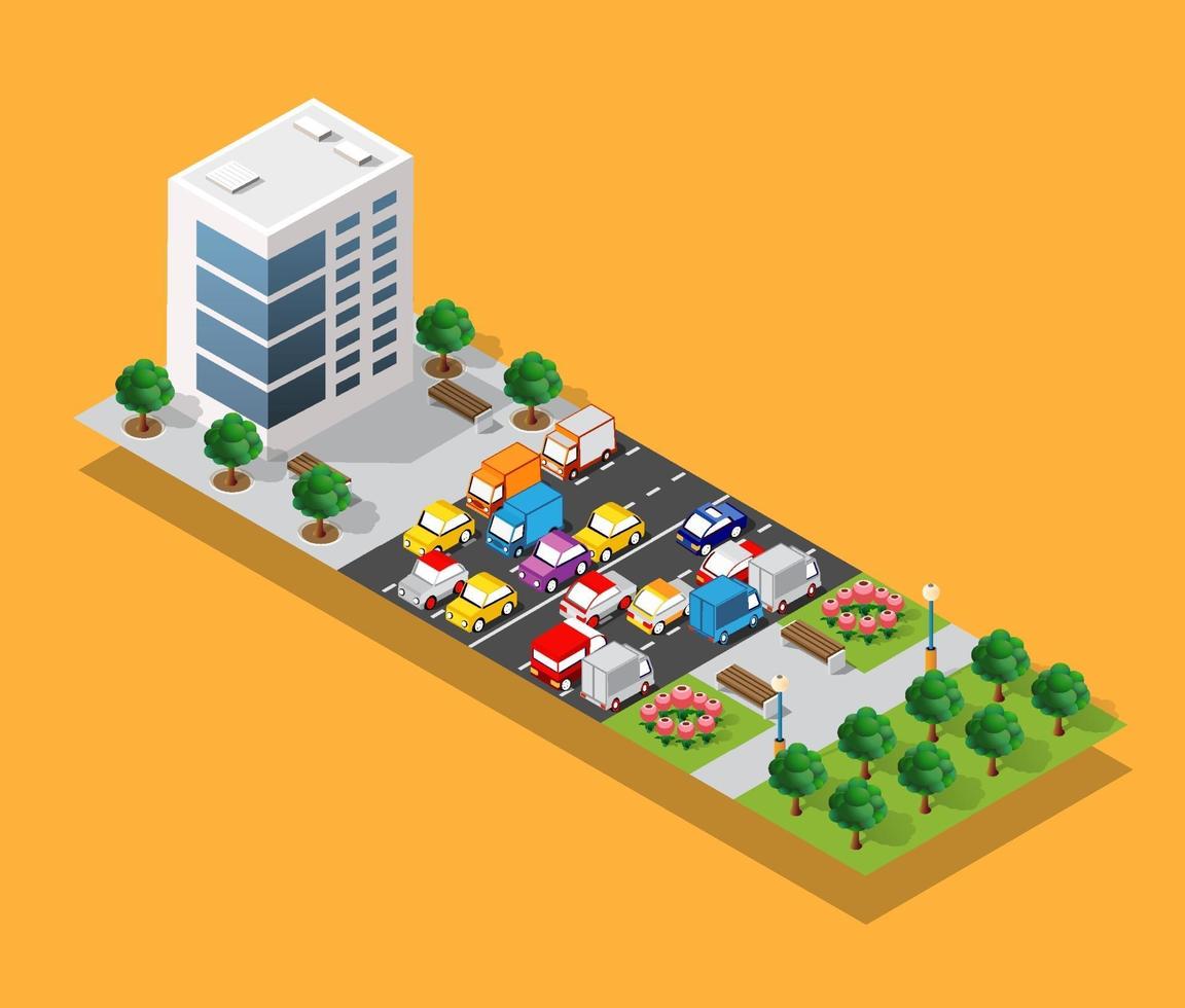 Isometric 3d module block district part of the city with a street road from the urban infrastructure of vector architecture. Modern white illustration for game design