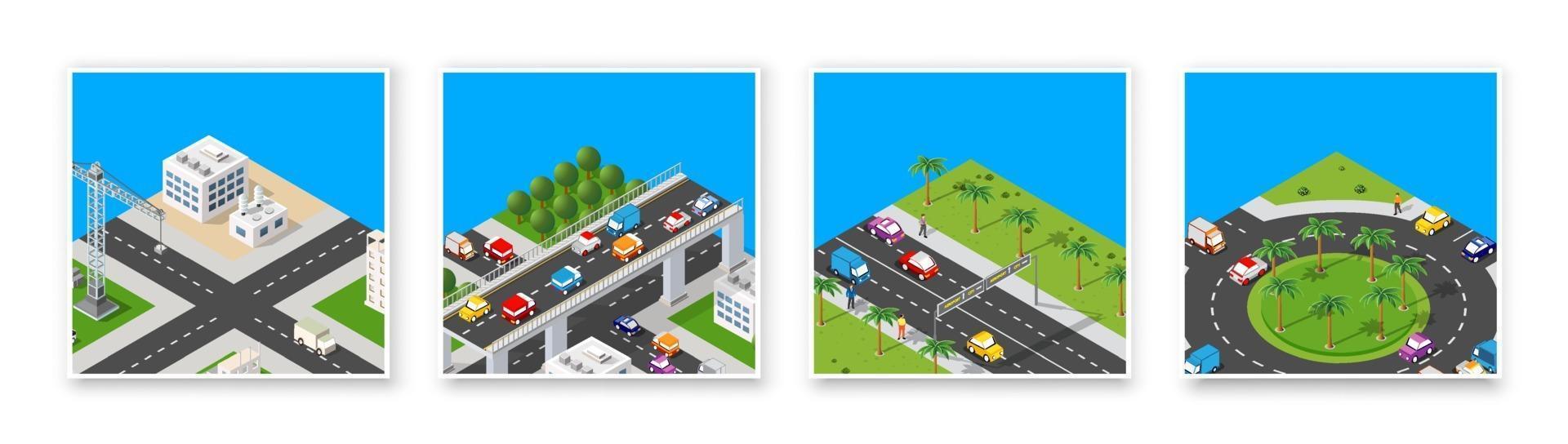 Isometric set 3d module block district part of the city with a street road from the urban infrastructure of vector architecture. Modern white illustration for game design and business background