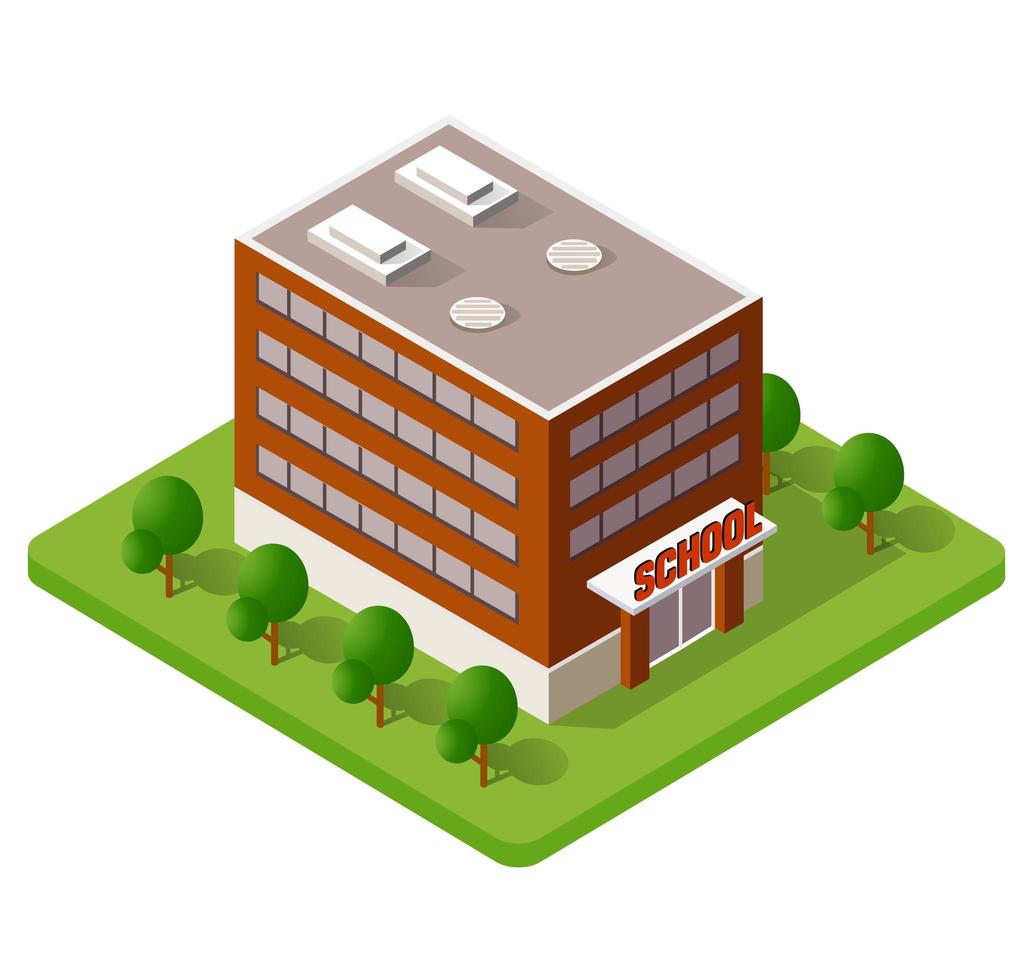 School isometric building study education urban infrastructure for conceptual design vector illustration with houses and streets.