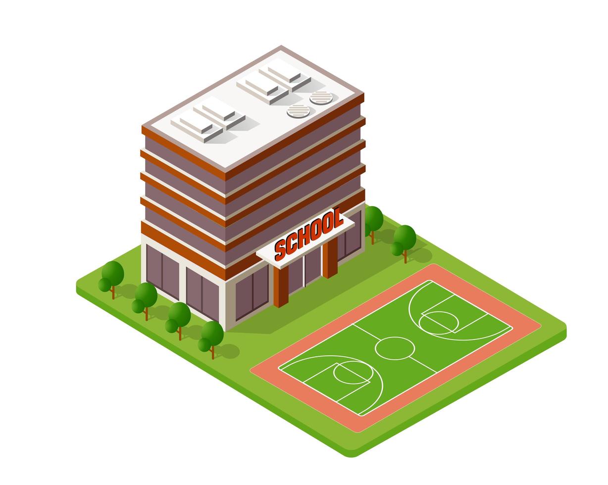 School isometric building study education urban infrastructure for conceptual design vector illustration with houses and streets.