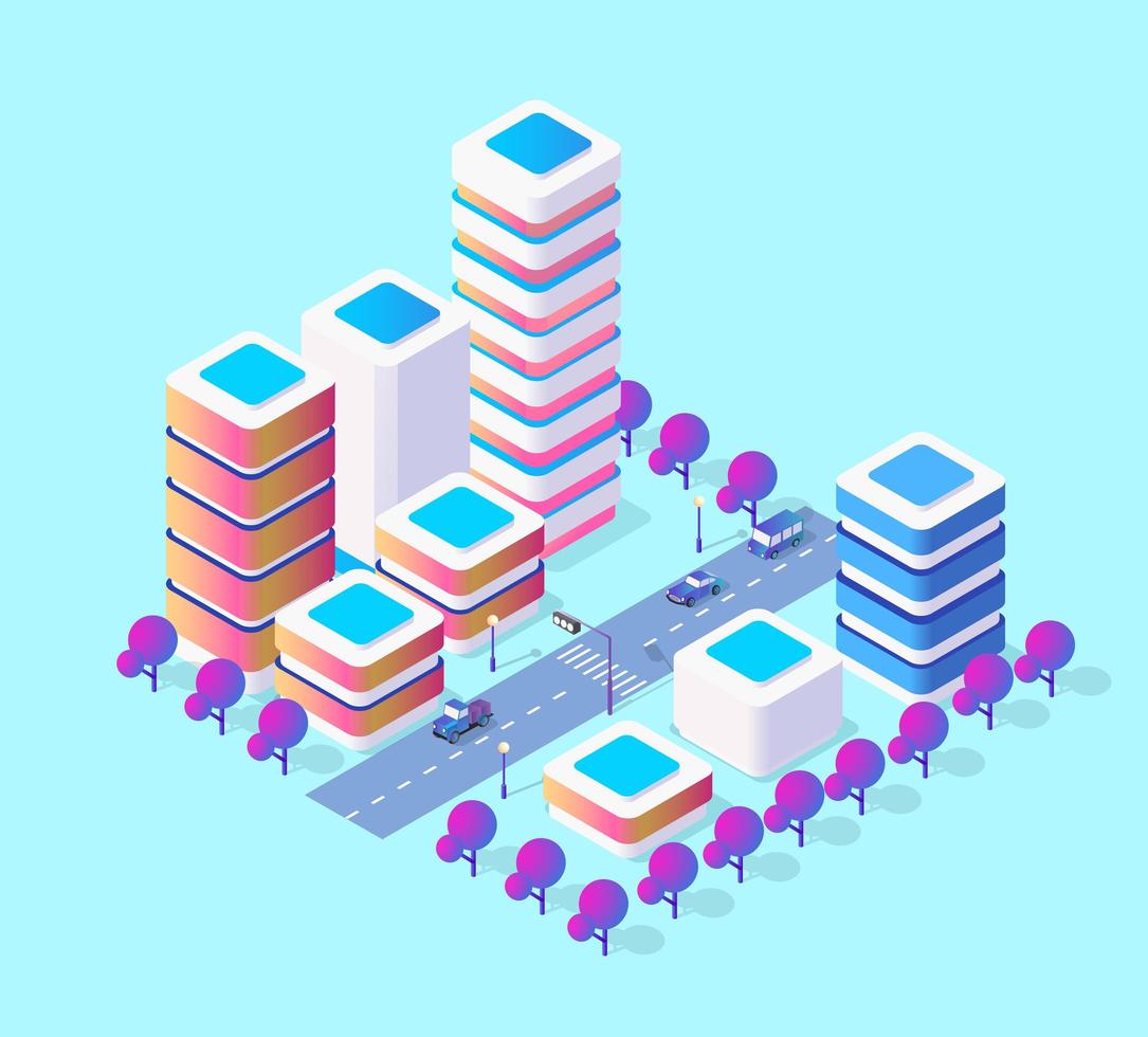 Isometric 3d module block district part of the city with a street road from the urban infrastructure of vector architecture. Modern white illustration for game design