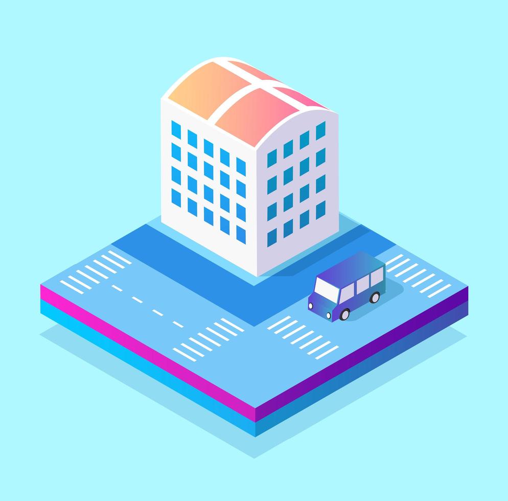 Isometric 3d module block district part of the city with a street road from the urban infrastructure of vector architecture. Modern white illustration for game design
