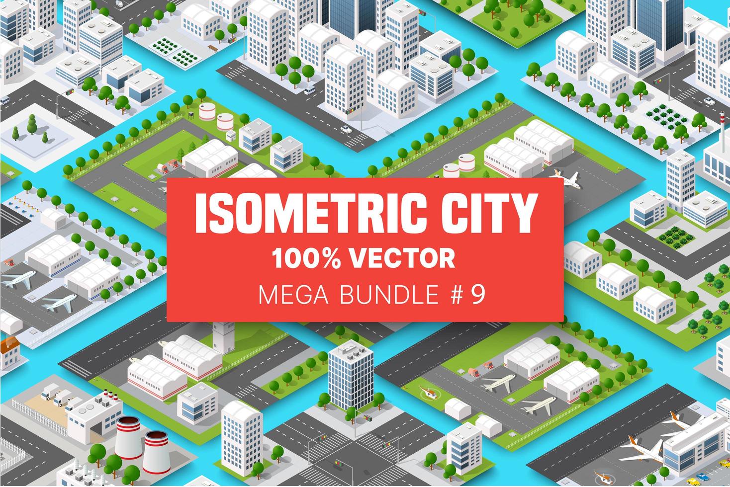 Isometric set terminal airport transportation of blocks module of areas of the city construction, and designing of the perspective city of design of the urban environment vector