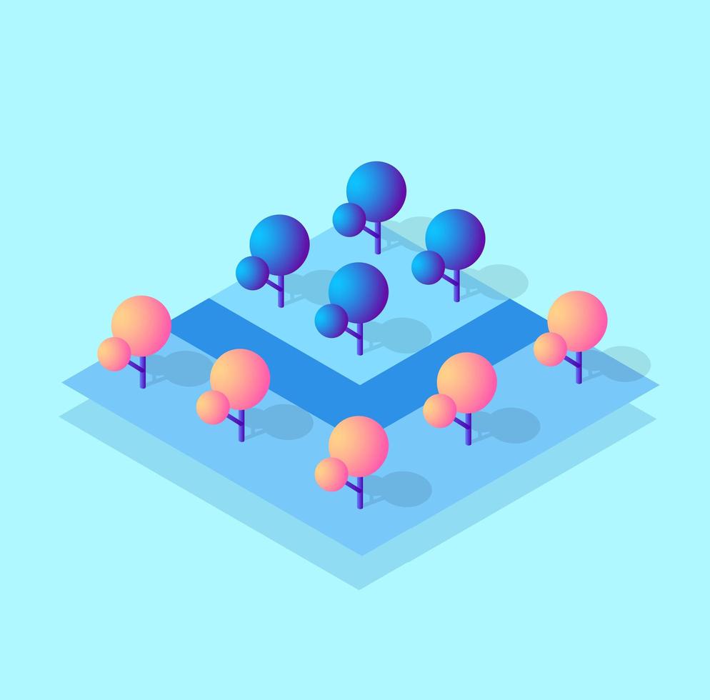 Isometric 3d block module of the district part of the city with a lawn park trees from urban infrastructure. Modern illustration for game design. vector