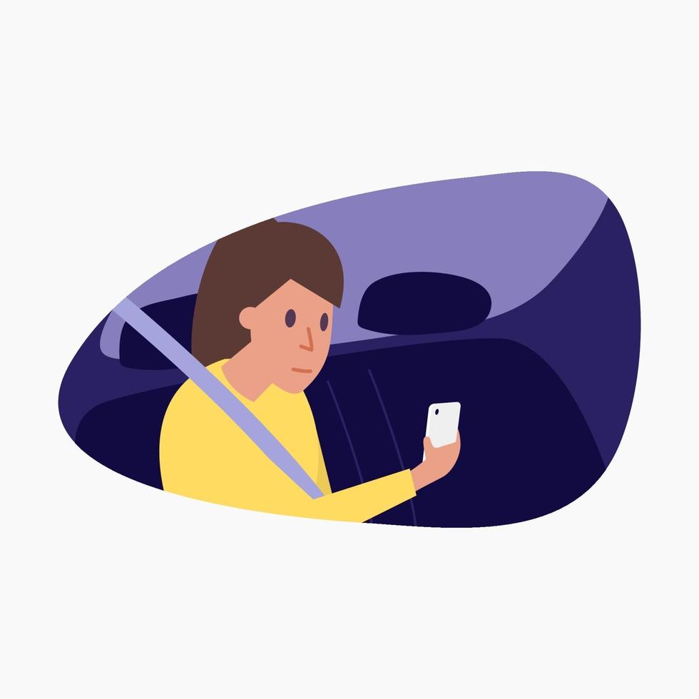 Woman sitting on the back seat of car and using smartphone. vector