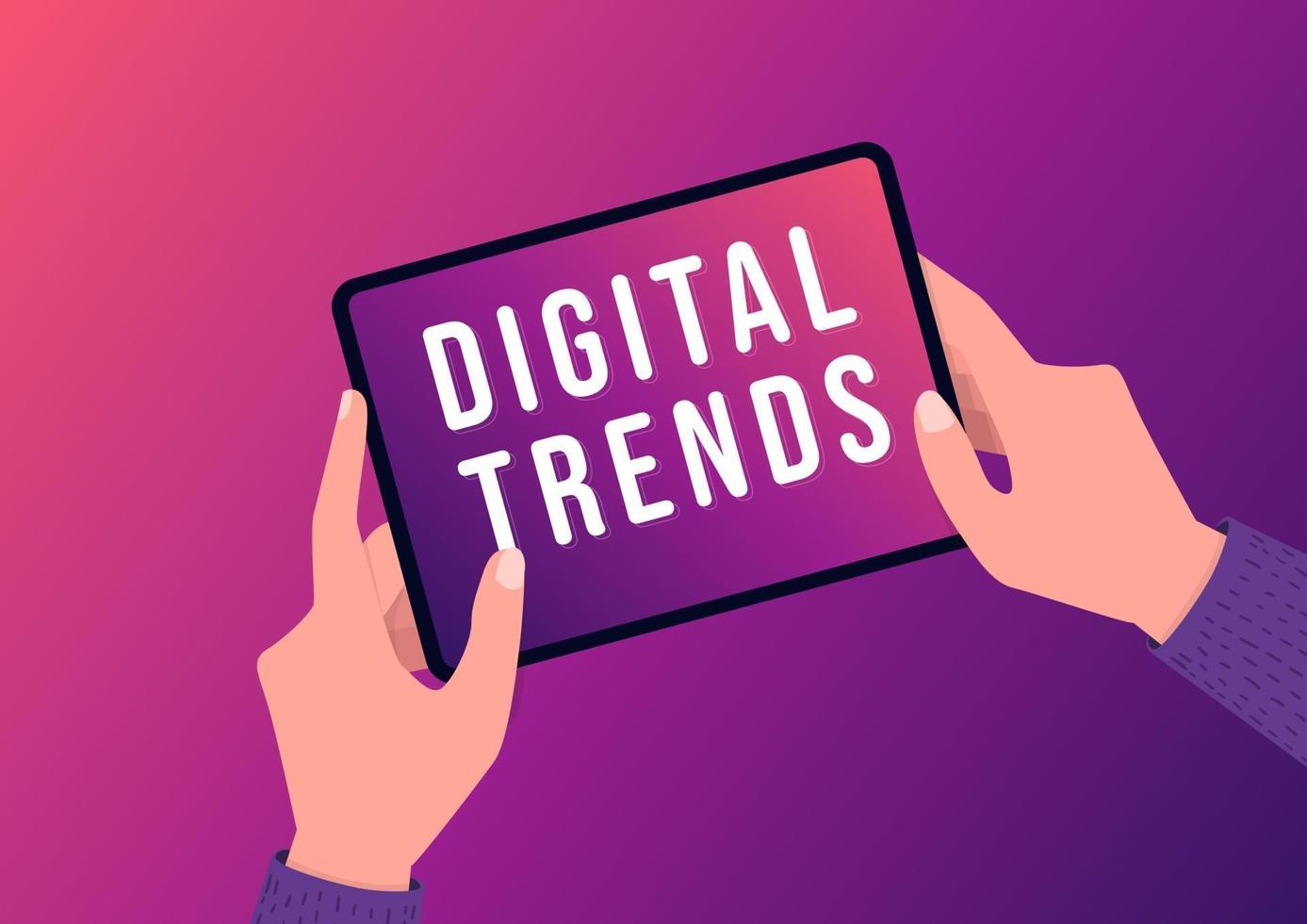 mano que sostiene la tableta con texto de tendencias digitales en la pantalla. concepto de tecnología, negocios y marketing digital de nuevas tendencias. vector