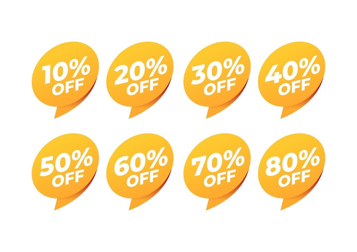 Sale and discount labels. Price off tag icon. 10, 20, 30, 40, 50, 60, 70, 80 percent sale. vector