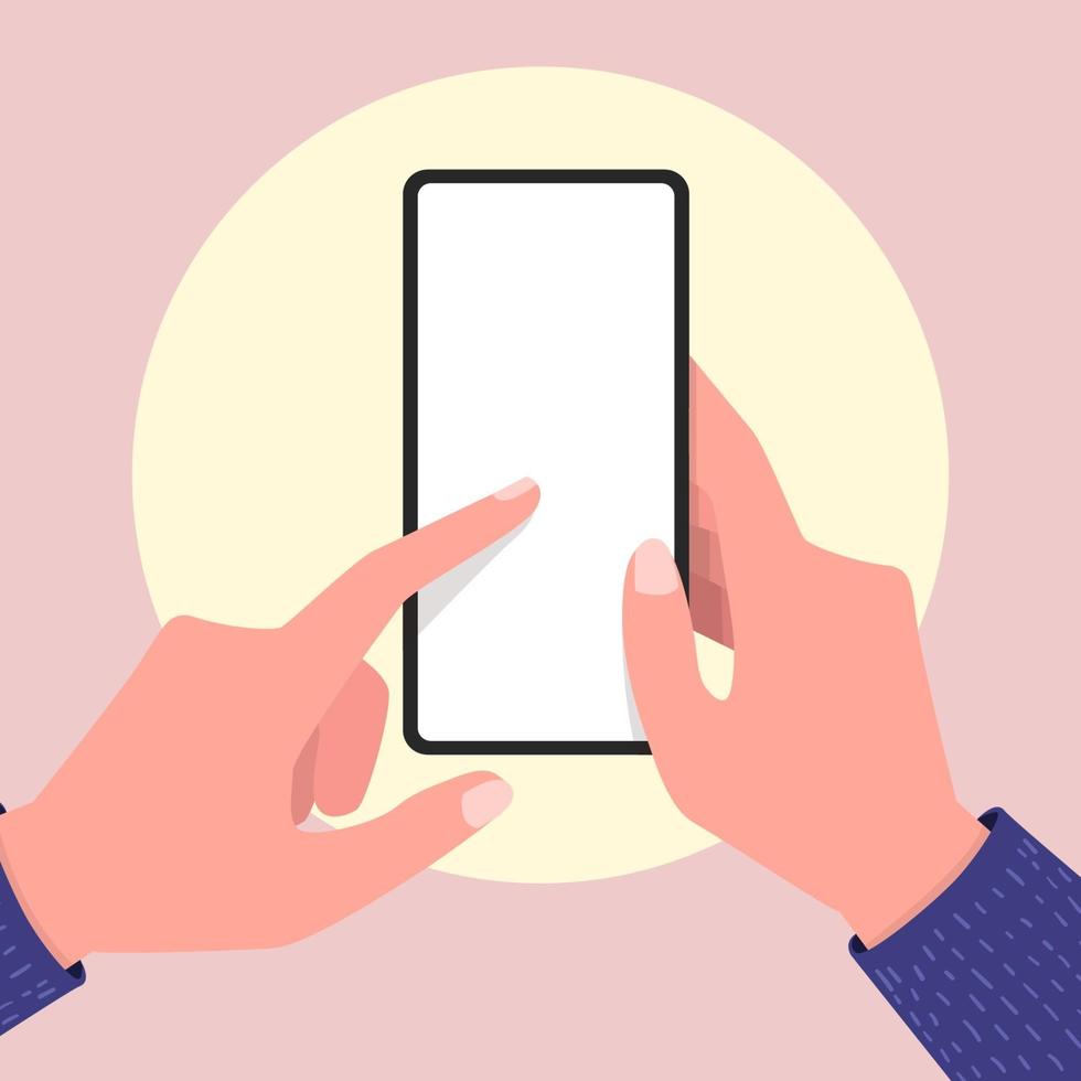 Hands holding empty screen mobile phone and pointing on the blank screen. Editable smartphone template. vector