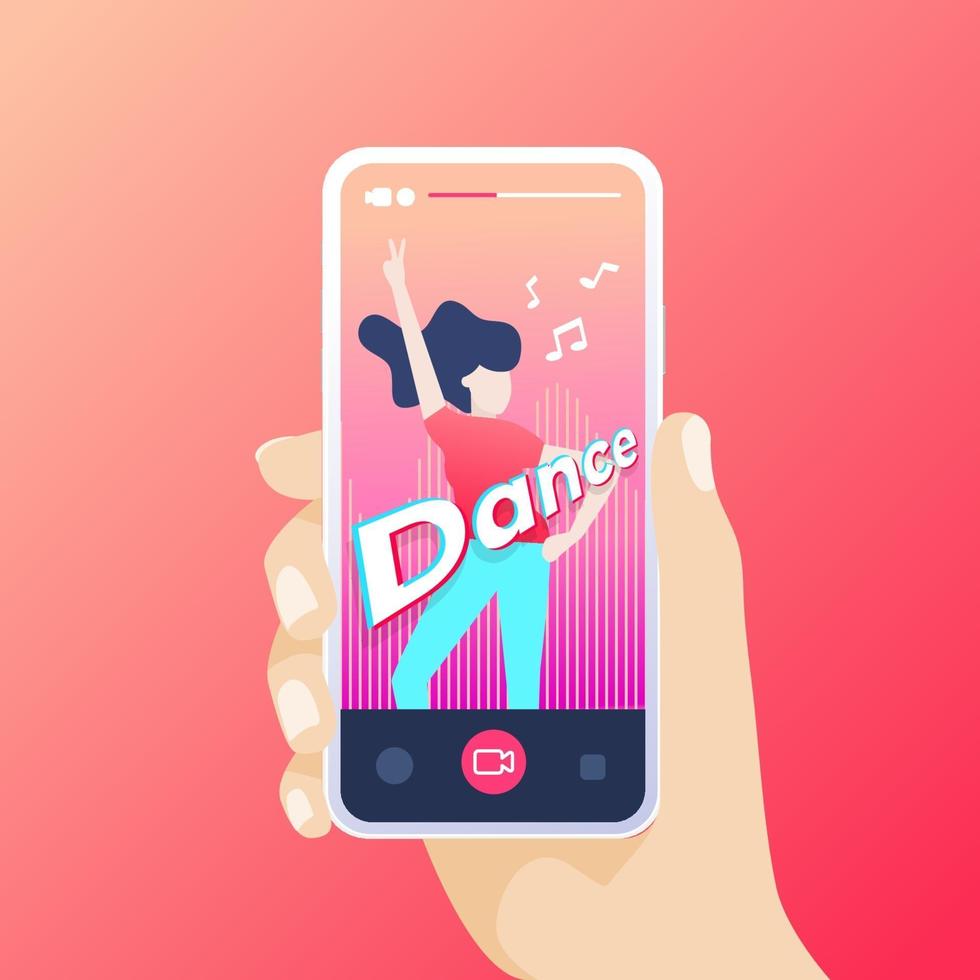 Hand holding smartphone recording a dance video in the application. vector