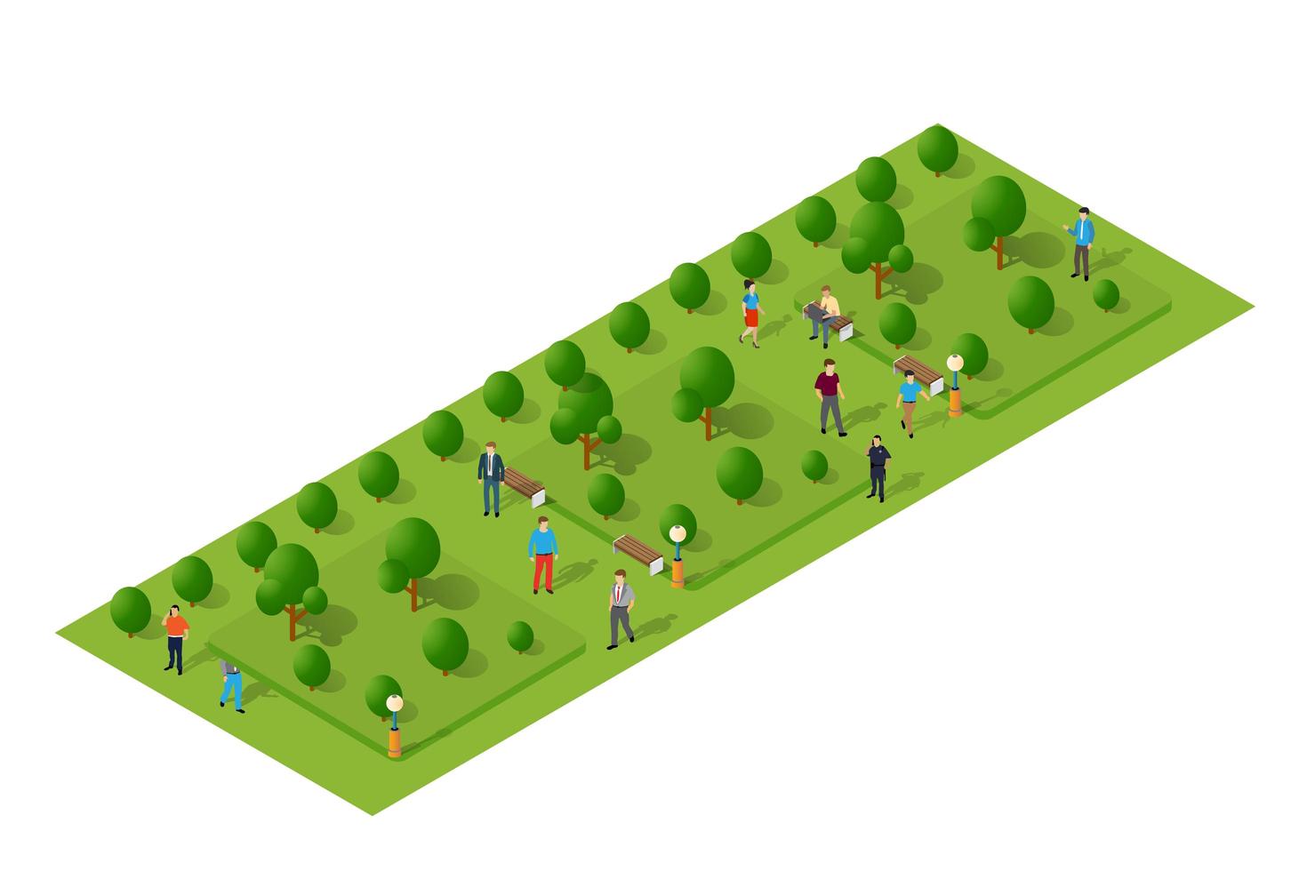 City quarter park top view landscape isometric 3D projection with people and trees vector