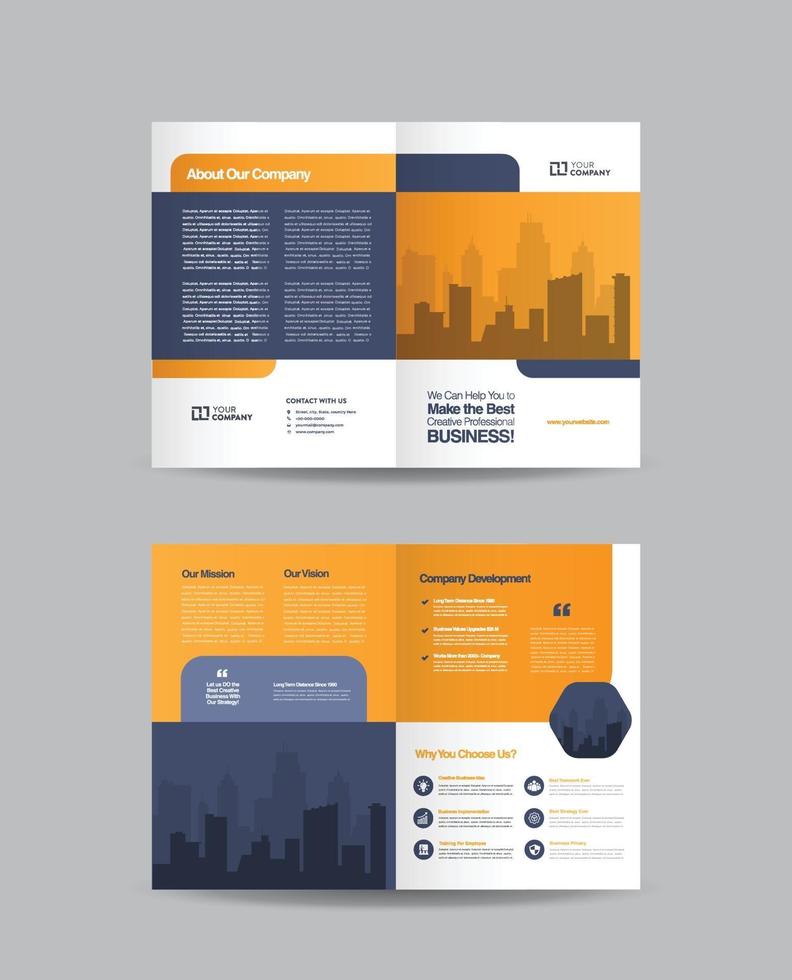 Corporate business bifold brochure design and company marketing flyer design vector