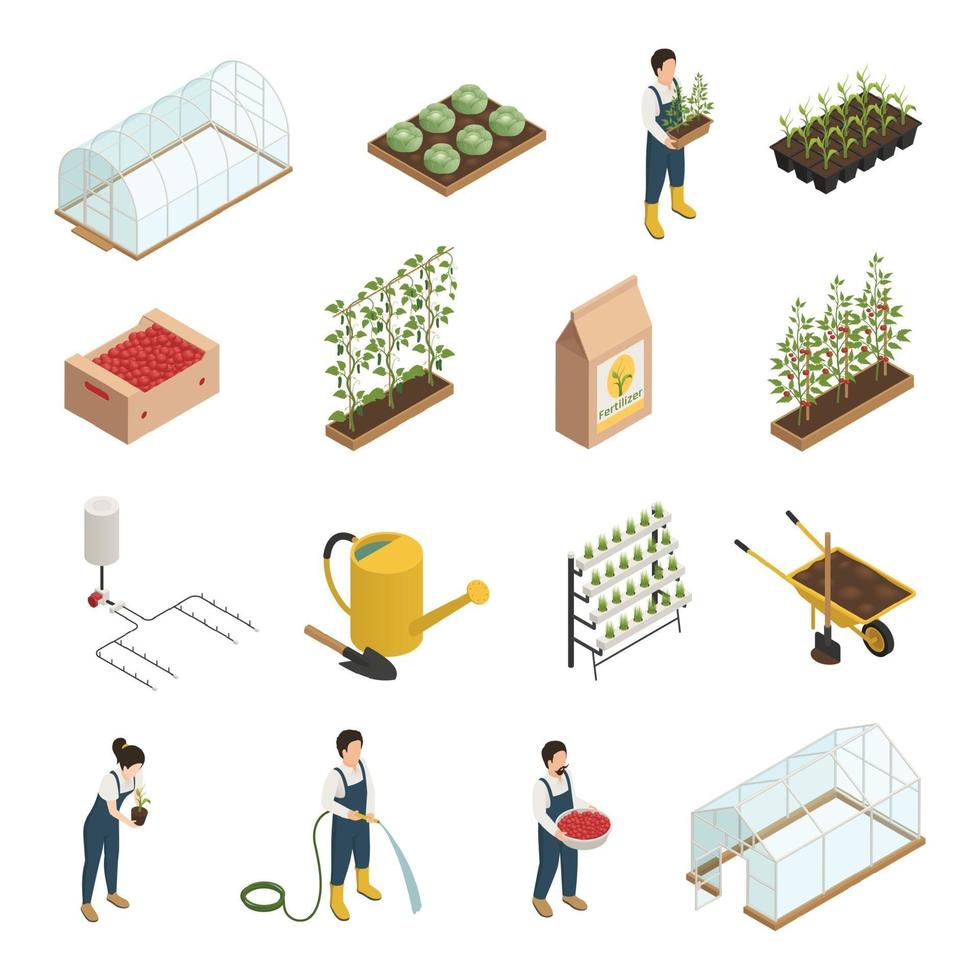 Greenhouse Elements Isometric Icons Set Vector Illustration
