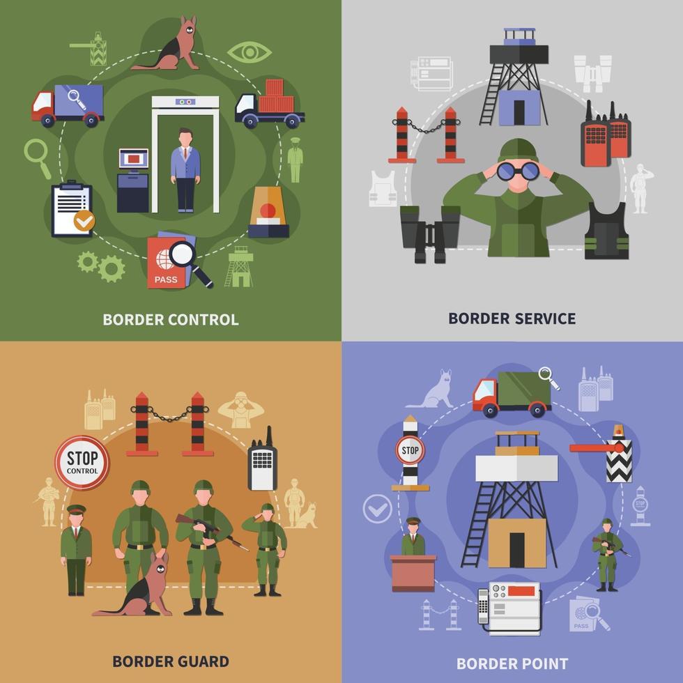 Los iconos de la guardia fronteriza 2x2 establecen ilustración vectorial vector