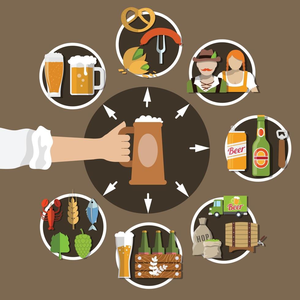 cerveza, plano, iconos, conjunto, vector, ilustración vector