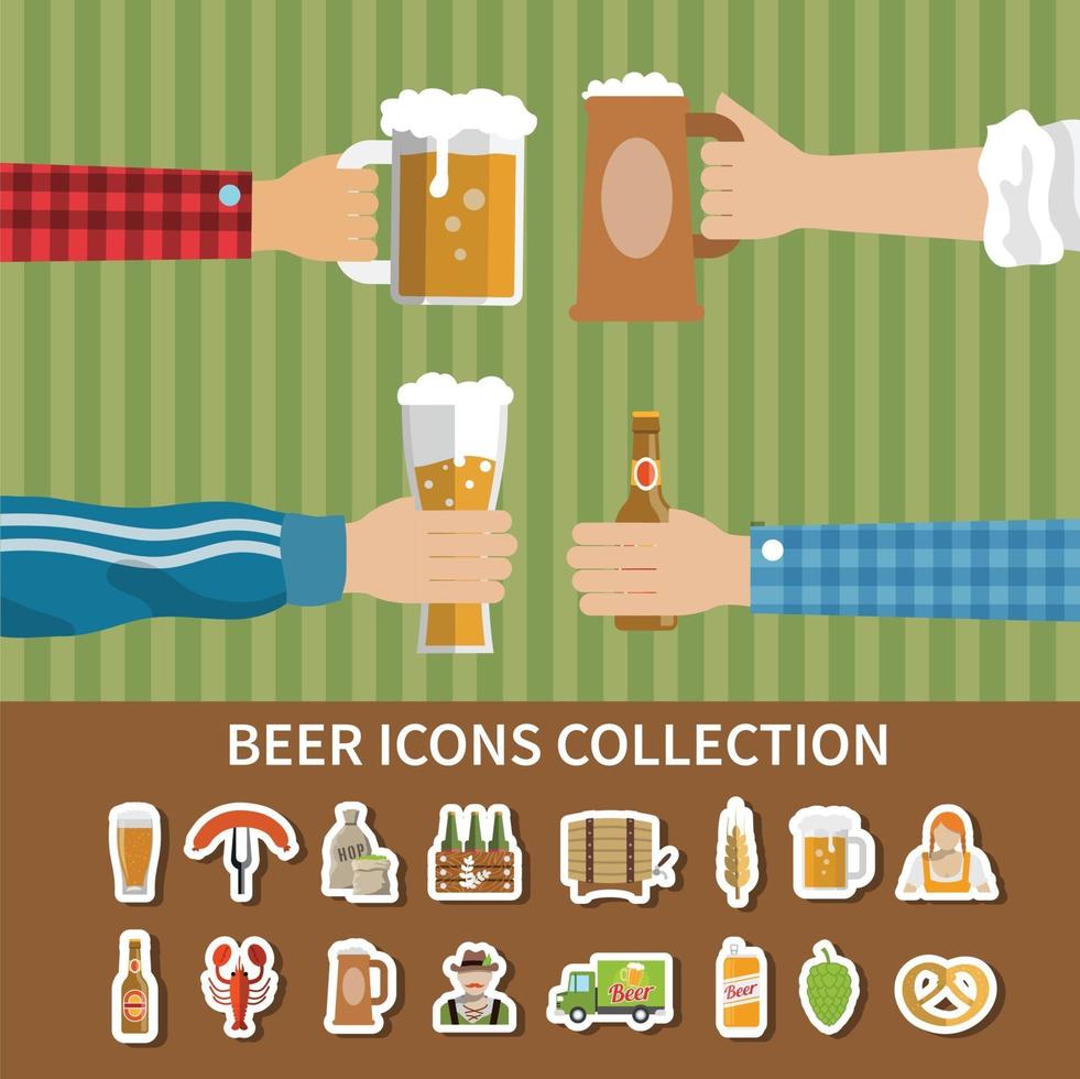Ilustración de vector de colección de iconos de cerveza plana