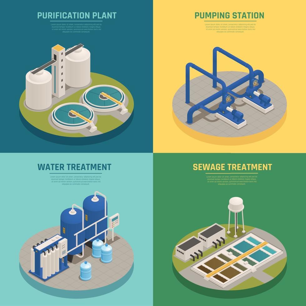 Ilustración de vector cuadrado de iconos isométricos de purificación de aguas residuales