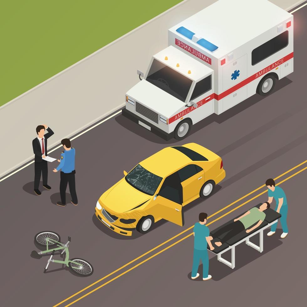 Traffic Accident Scene Isometric Composition Vector Illustration