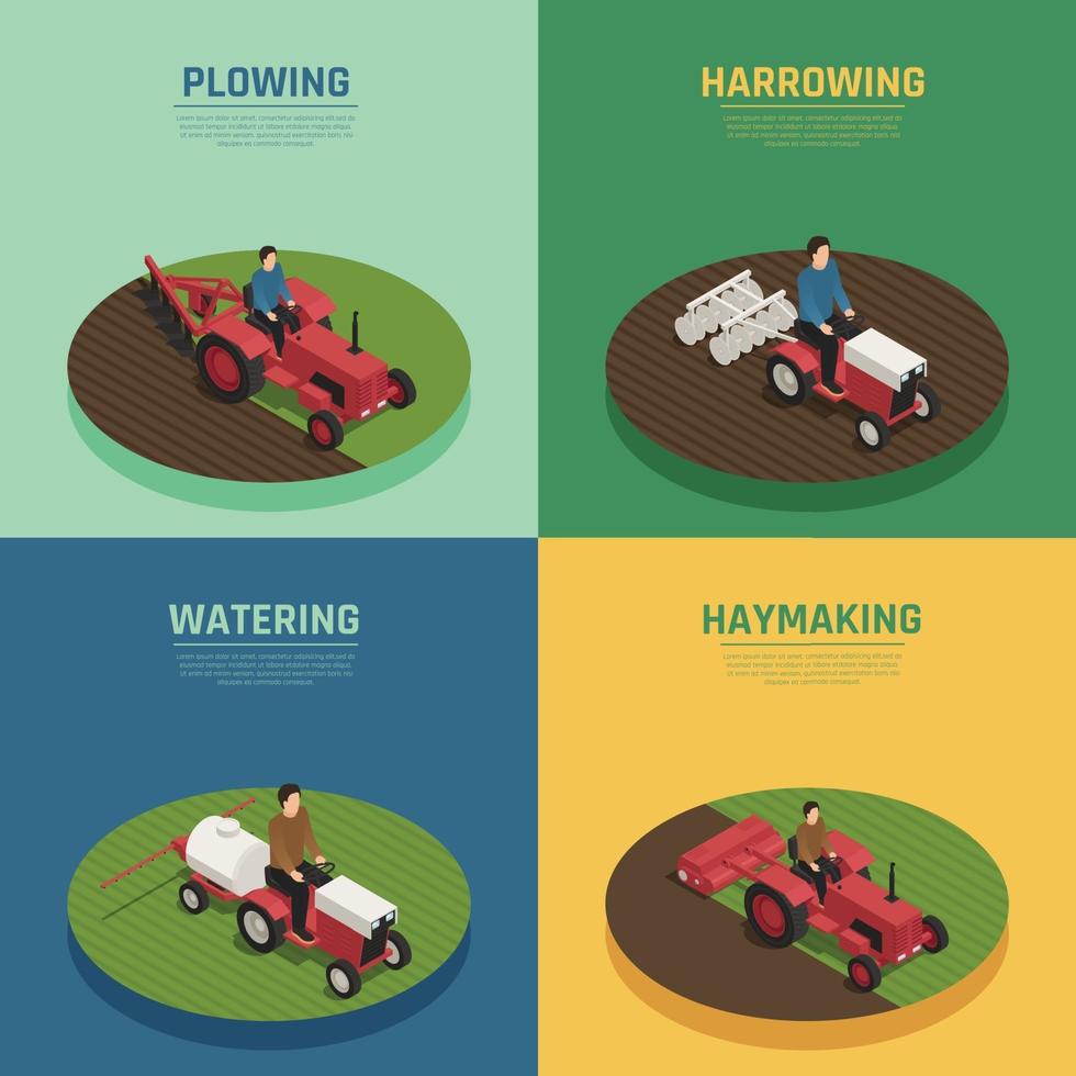 Maquinaria agrícola 4 iconos isométricos ilustración vectorial vector