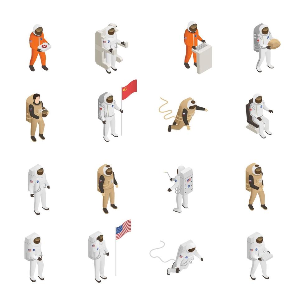 Astronauts Cosmonauts Spacesuit Isometric Set Vector Illustration