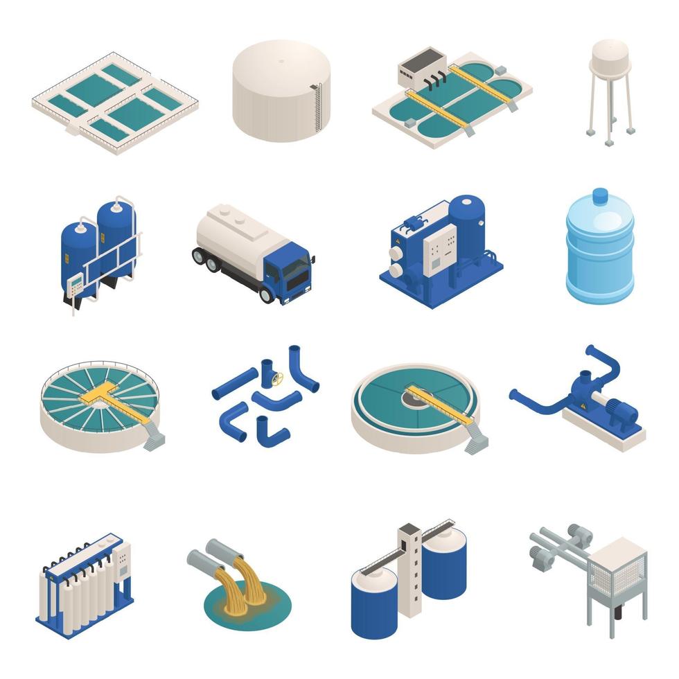 Los iconos isométricos de purificación de aguas residuales establecen ilustración vectorial vector