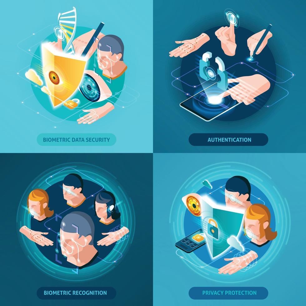 Biometric Authentication Isometric Icons Square Vector Illustration