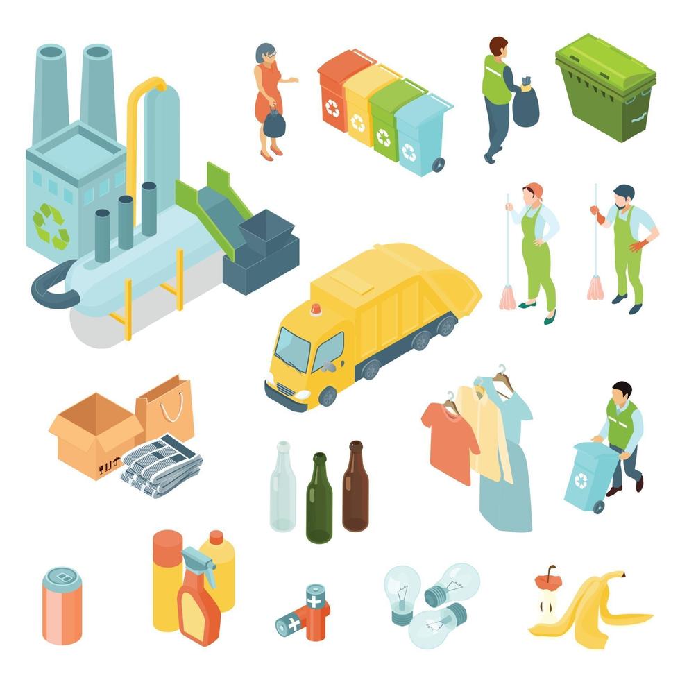 Los iconos isométricos de reciclaje de basura establecen ilustración vectorial vector