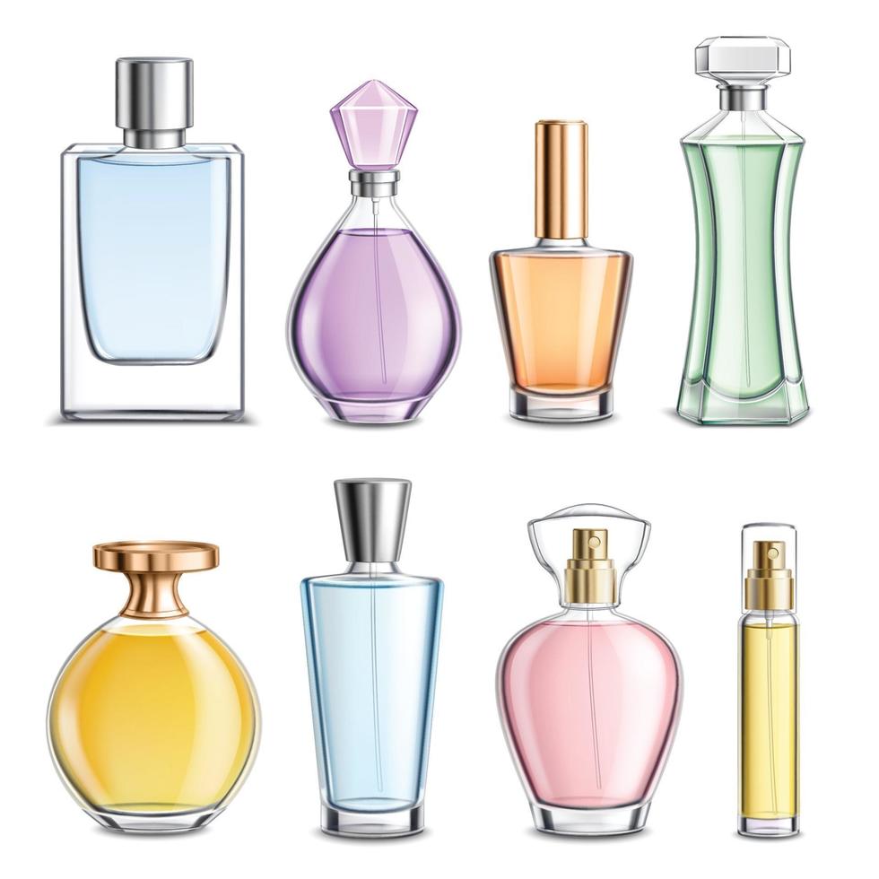 Ilustración de vector realista colorido de botellas de vidrio de perfume