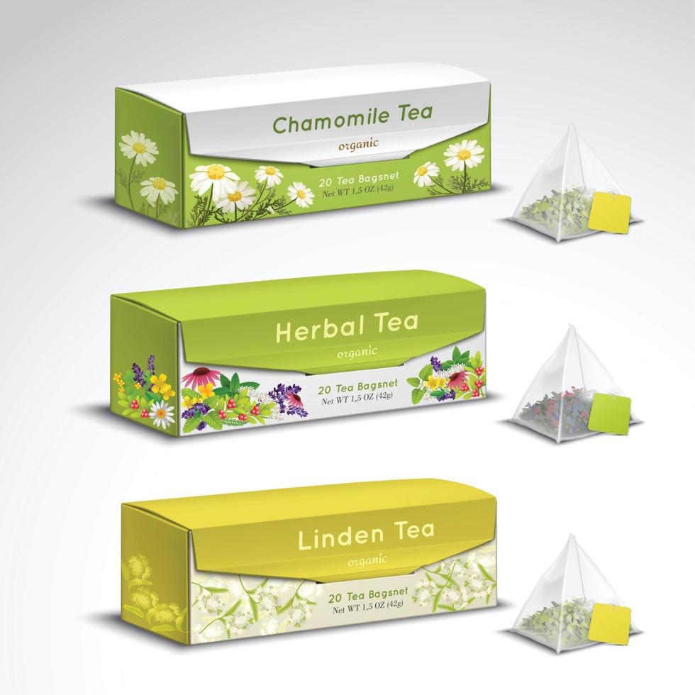 Tea Bags Packaging Realistic Set Vector Illustration