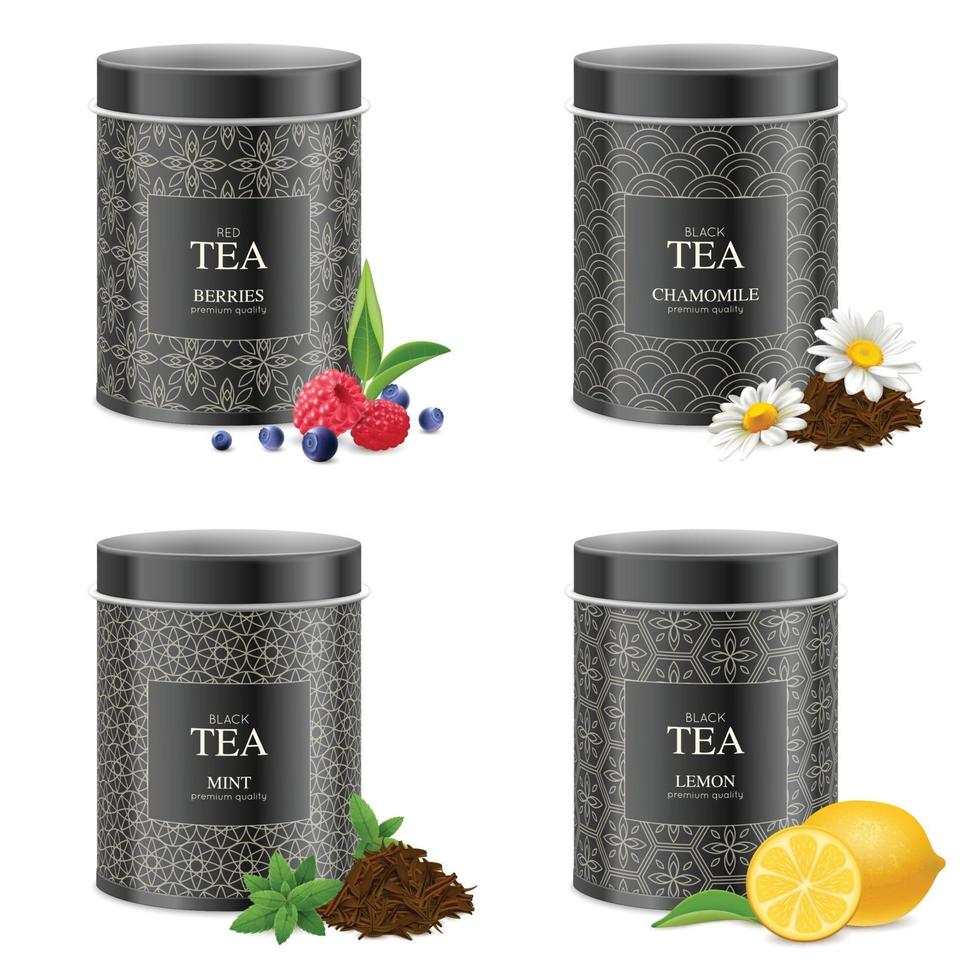 latas de té blak realista set ilustración vectorial vector