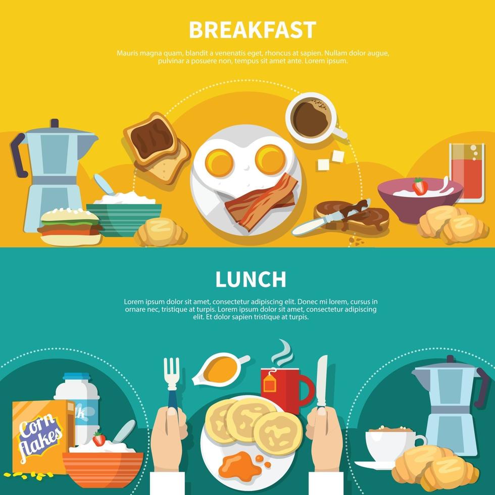 Banners de desayuno plano conjunto ilustración vectorial vector