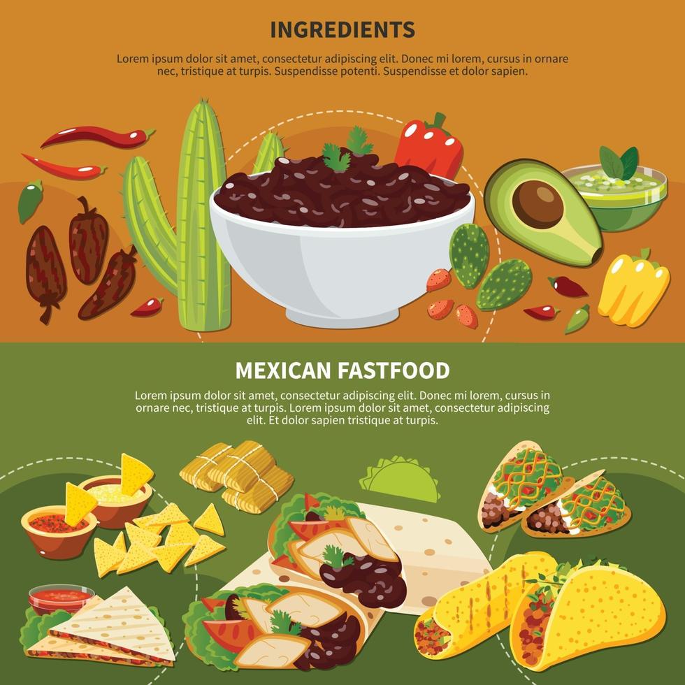 ingredientes, comida rápida mexicana, pancartas, vector, ilustración vector