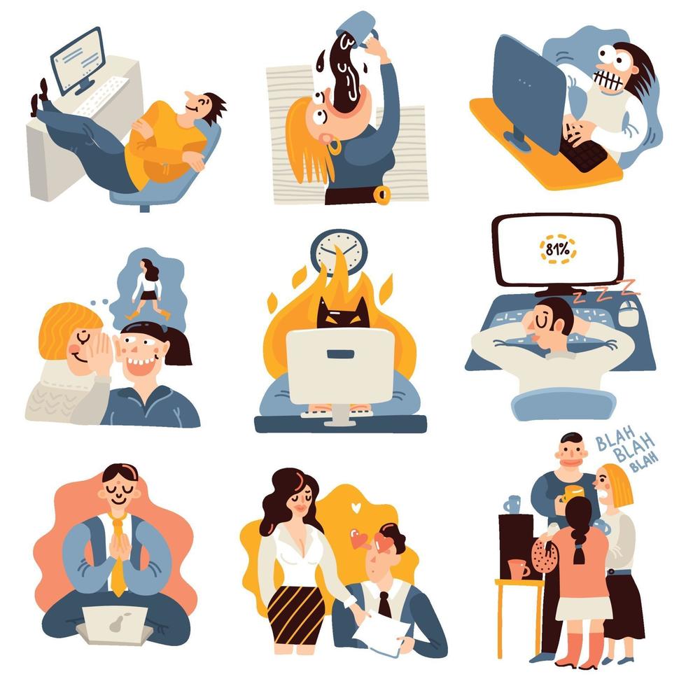 Office Work Funny Icons Set Vector Illustration