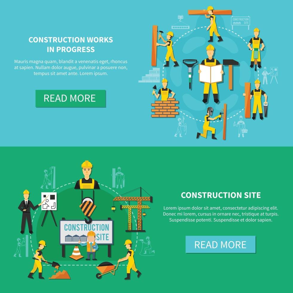 Construction Worker Flat Banner Set Vector Illustration