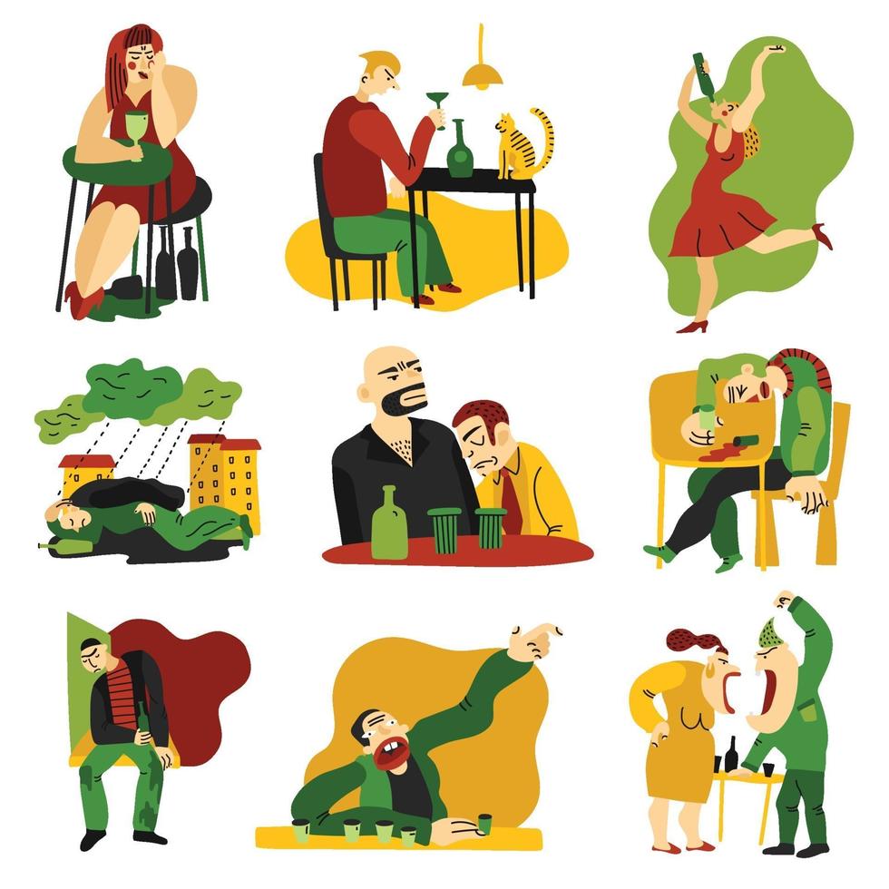 Alcohol Addiction Flat Icons Set Vector Illustration