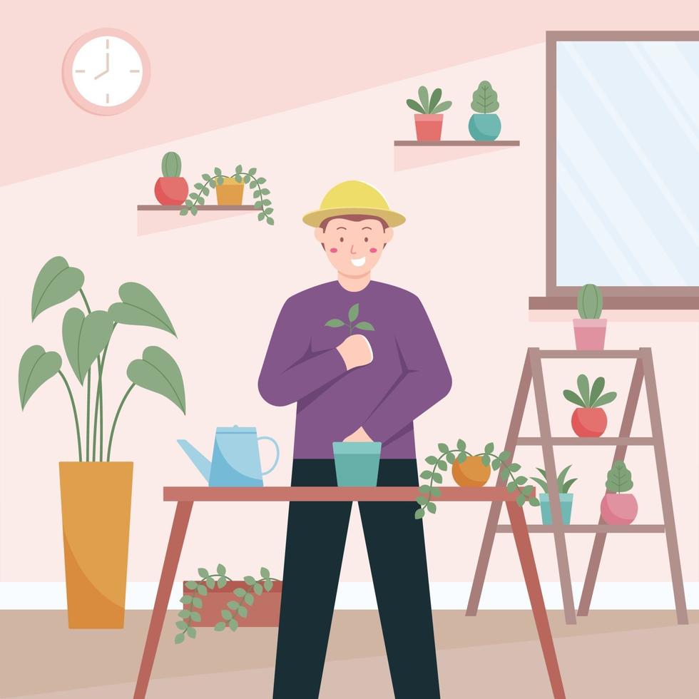 hombre jardinería y plantación de plantas en casa vector