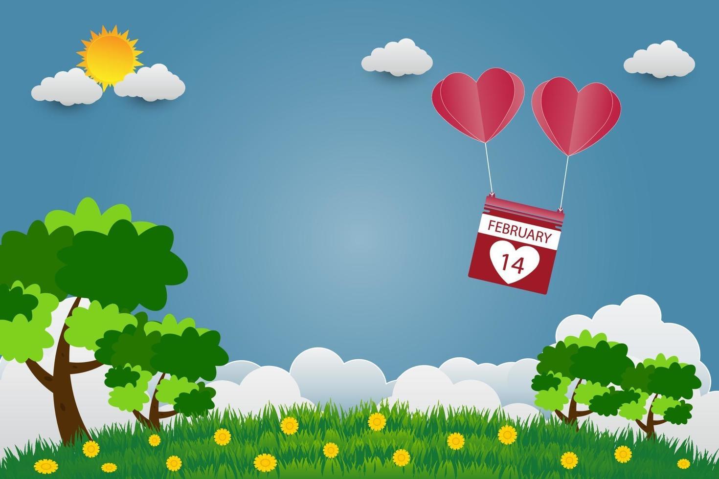 Valentine's day balloons in a heart shape flying over grass background, paper art style. vector illustrator