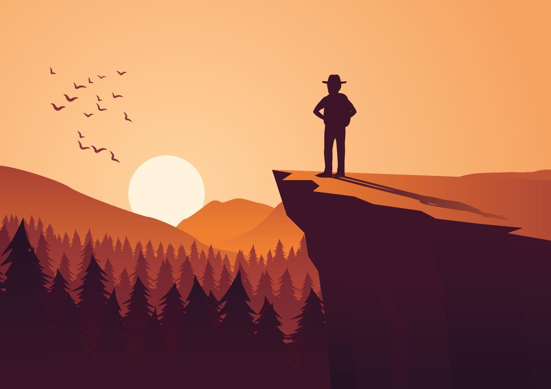 man standing on cliff to look at sun 2330511 Vector Art at Vecteezy