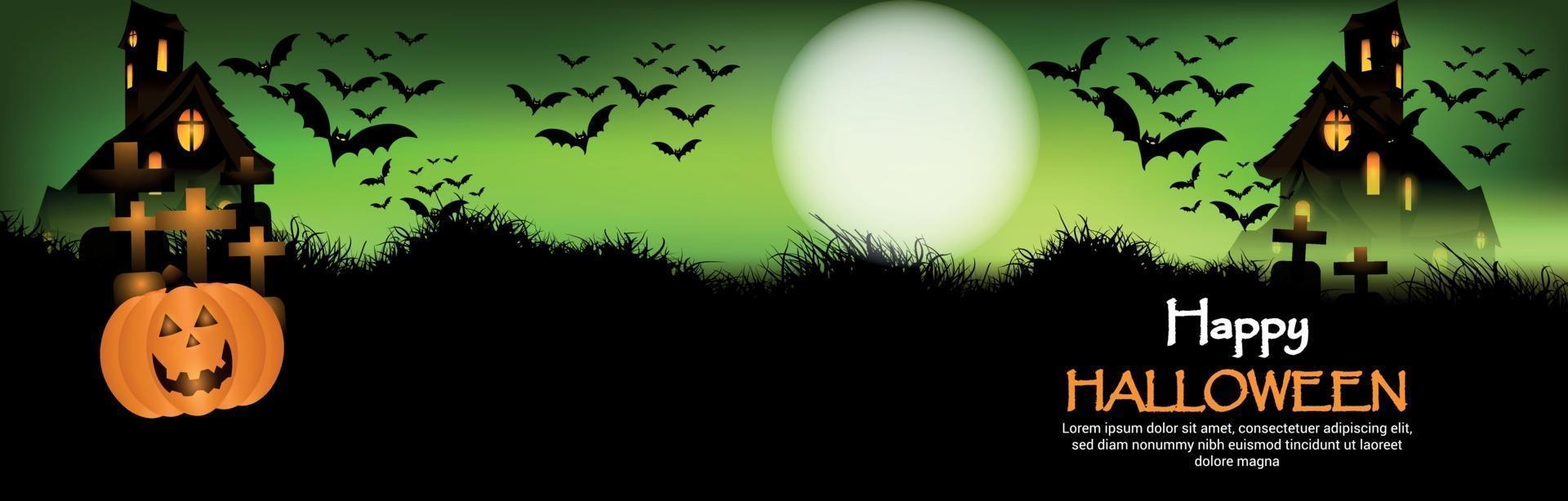 Feliz fondo de noche de terror de halloween con casa embrujada y murciélagos voladores vector