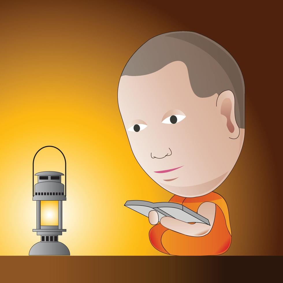 little monk is learning Dharma at night by oil lamp vector