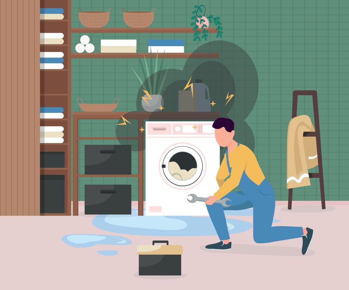 Fixing broken washing machine flat color vector illustration