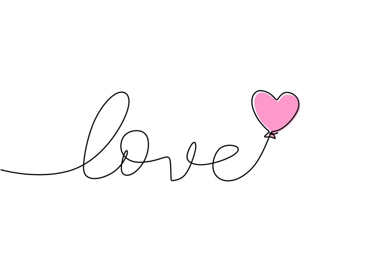 Love handwritten one line with pink balloon. Outline black text on white background. Calligraphy style single line lettering. vector