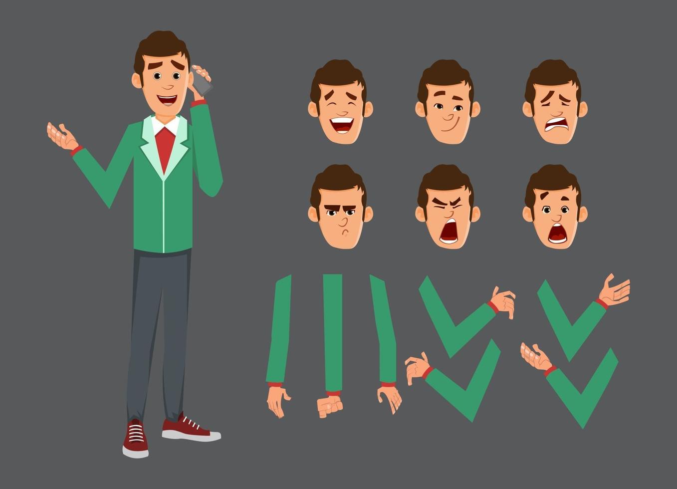 cute businessman character set for animation or motion with different facial emotions and hands. vector